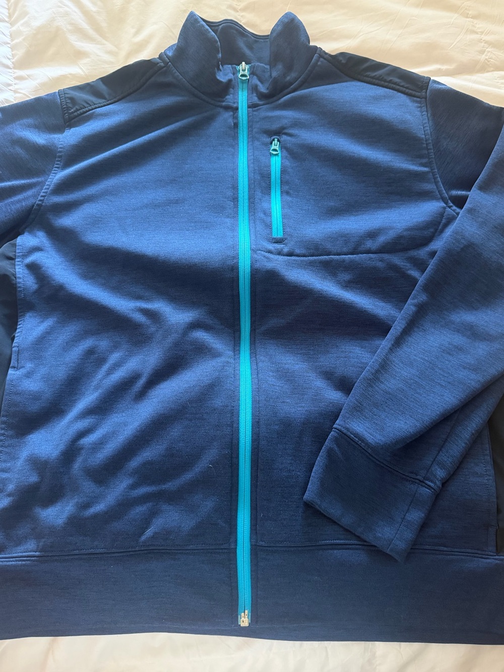 Lands End Men's Blue Fleece Jacket with Contrast Teal Zipper